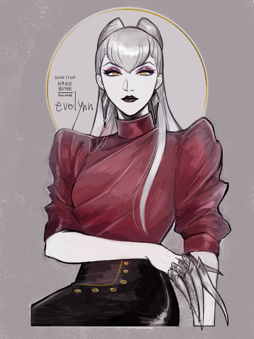 1girl, black_skirt, buttons, cone_hair_bun, demon_girl, evelynn_(league_of_legends), expressionless, hair_bun, high-waist_skirt, highres, k/da_(league_of_legends), k/da_all_out_evelynn, komiti, league_of_legends, looking_at_viewer, skirt, solo, the_baddest_evelynn, white_hair, yellow_eyes