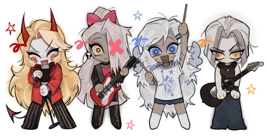 4girls, angel, angel_wings, blonde_hair, blue_eyes, blush_stickers, charlie_morningstar, dark-skinned_female