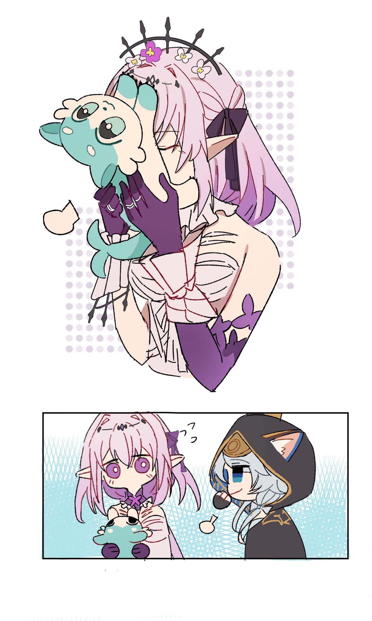 2girls, animal_hug, beibc_eee, black_hoodie, blush, castorice_(honkai:_star_rail), chimera_(honkai:_star_rail), cipher_(honkai:_star_rail)