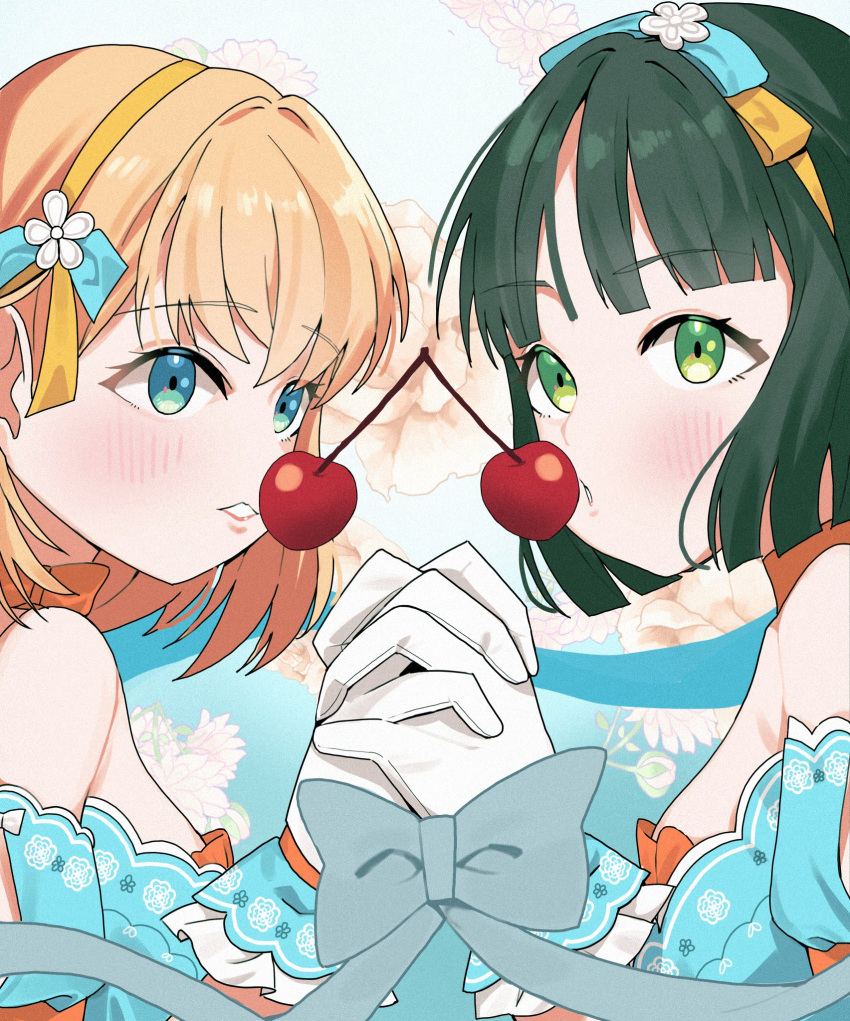 2girls, blue_background, blue_dress, blue_eyes, blunt_bangs, blunt_ends, bob_cut, bow_hairband, celebration!_(love_live!), cerise_bouquet, cherry_blossoms, commentary, detached_sleeves, dress, english_commentary, floral_background, flower_hairband, frilled_gloves, frills, gloves, goldluck, gradient_background, green_eyes, green_hair, hairband, highres, hinoshita_kaho, interlocked_fingers, link!_like!_love_live!, love_live!, medium_hair, momose_ginko, multiple_girls, official_alternate_costume, orange_hair, short_hair, short_sleeves, strapless, strapless_dress, upper_body, virtual_youtuber, yellow_hairband, yuri