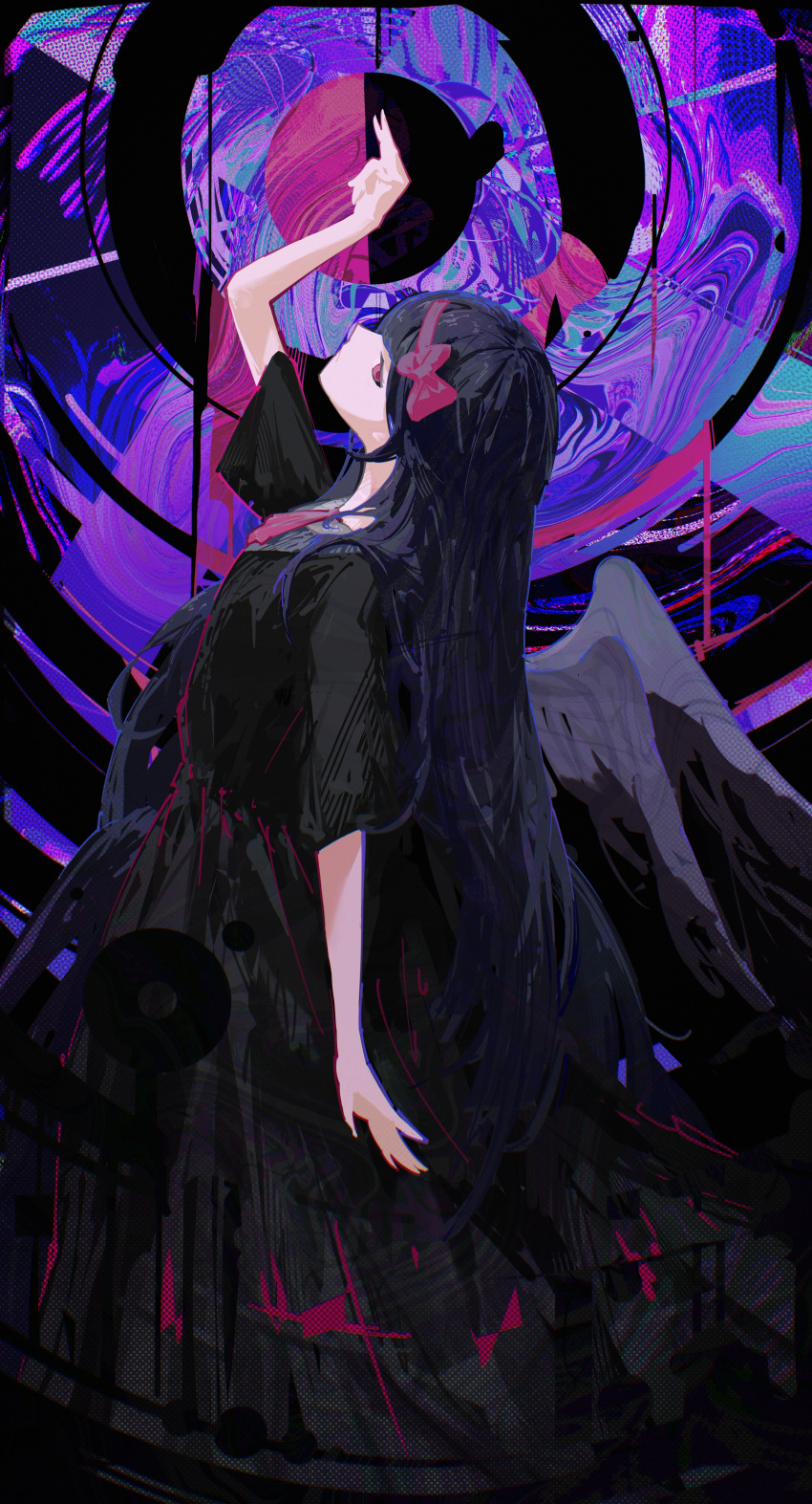 1girl, abstract_background, absurdres, akemi_homura, akemi_homura_(black_dress), arm_up, black_dress, black_hair, black_wings, dress, highres, long_hair, looking_at_viewer, looking_up, mahou_shoujo_madoka_magica, mahou_shoujo_madoka_magica:_hangyaku_no_monogatari, raum_en, short_sleeves, solo, very_long_hair, violet_eyes, wings