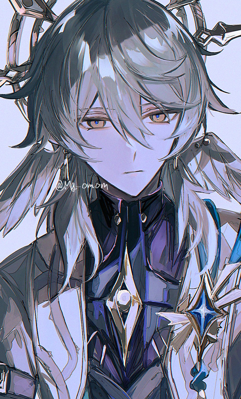 1boy, closed_mouth, grey_hair, head_wings, highres, honkai:_star_rail, honkai_(series), jacket, looking_at_viewer, male_focus, mg_omom, solo, sunday_(honkai:_star_rail), upper_body, white_jacket, wings, yellow_eyes