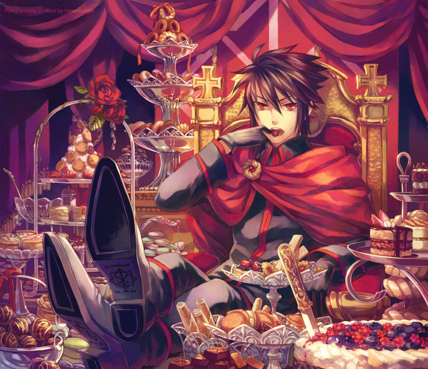 black_hair, blueberry, brown_hair, cake, cape, doughnut, eating, feast