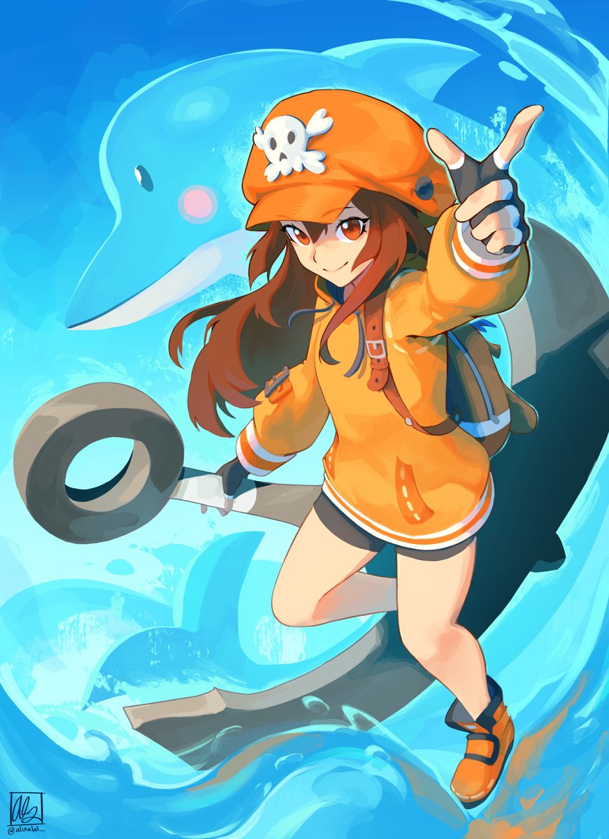 1girl, alina_l, anchor, black_gloves, black_shorts, dolphin, fingerless_gloves, full_body