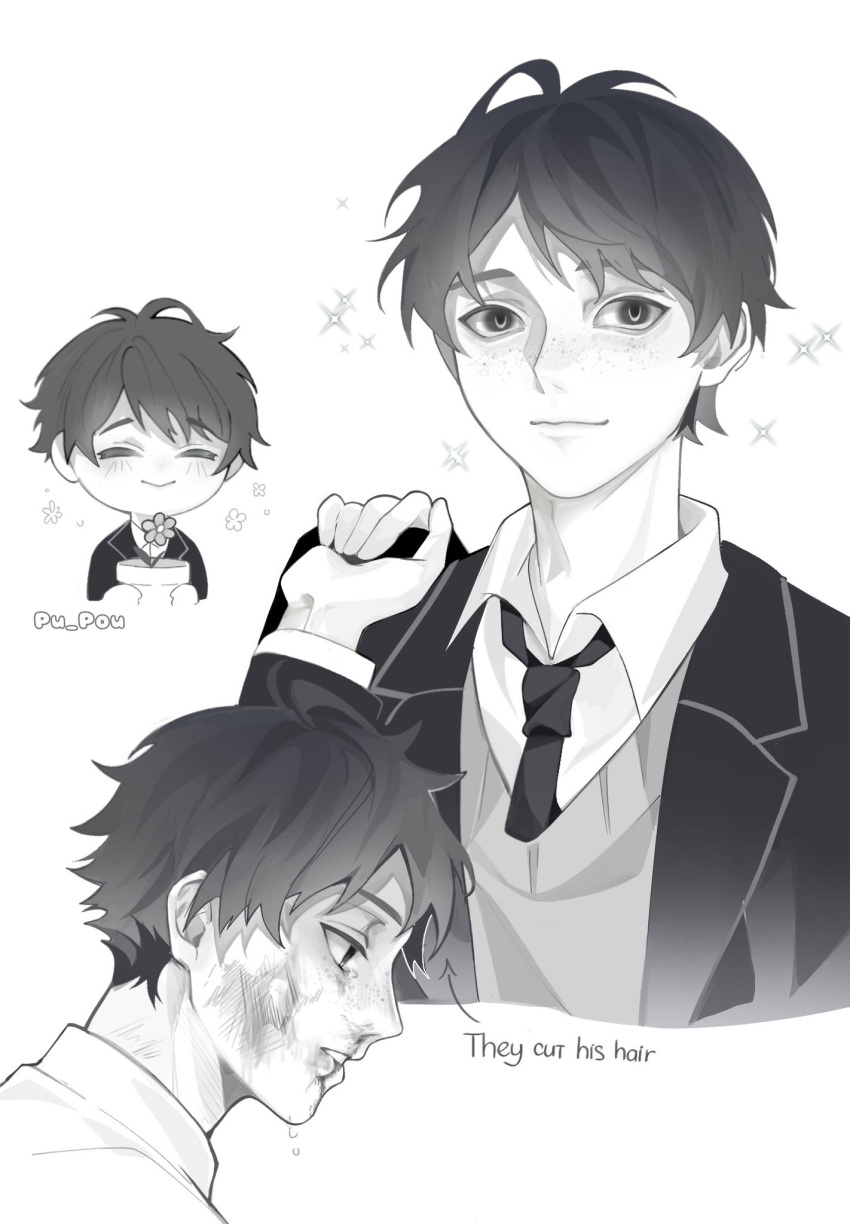 1boy, closed_eyes, collared_shirt, degrees_of_lewdity, english_text, greyscale, highres, jacket