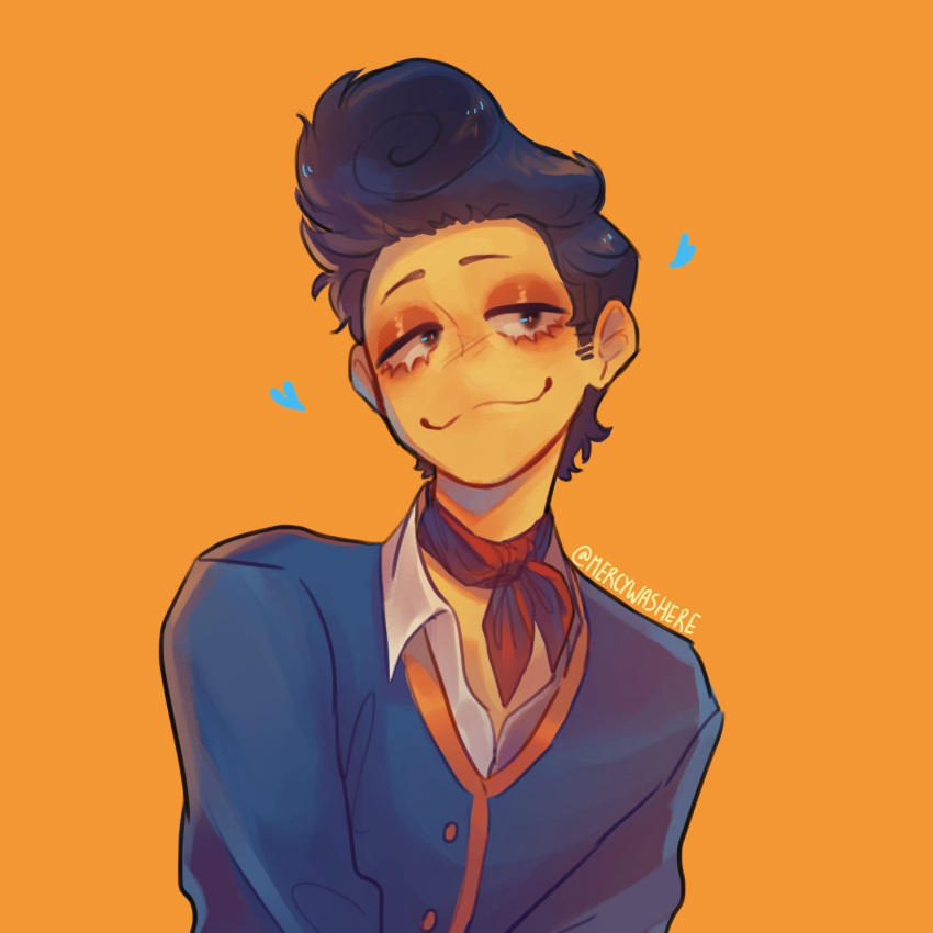 1boy, :3, blue_hair, blue_vest, colored_skin, highres, looking_at_viewer, male_focus, mercywashere, phone, pompadour, solo, sweater_vest, vest, wally_darling, welcome_home_(arg), yellow_background, yellow_skin