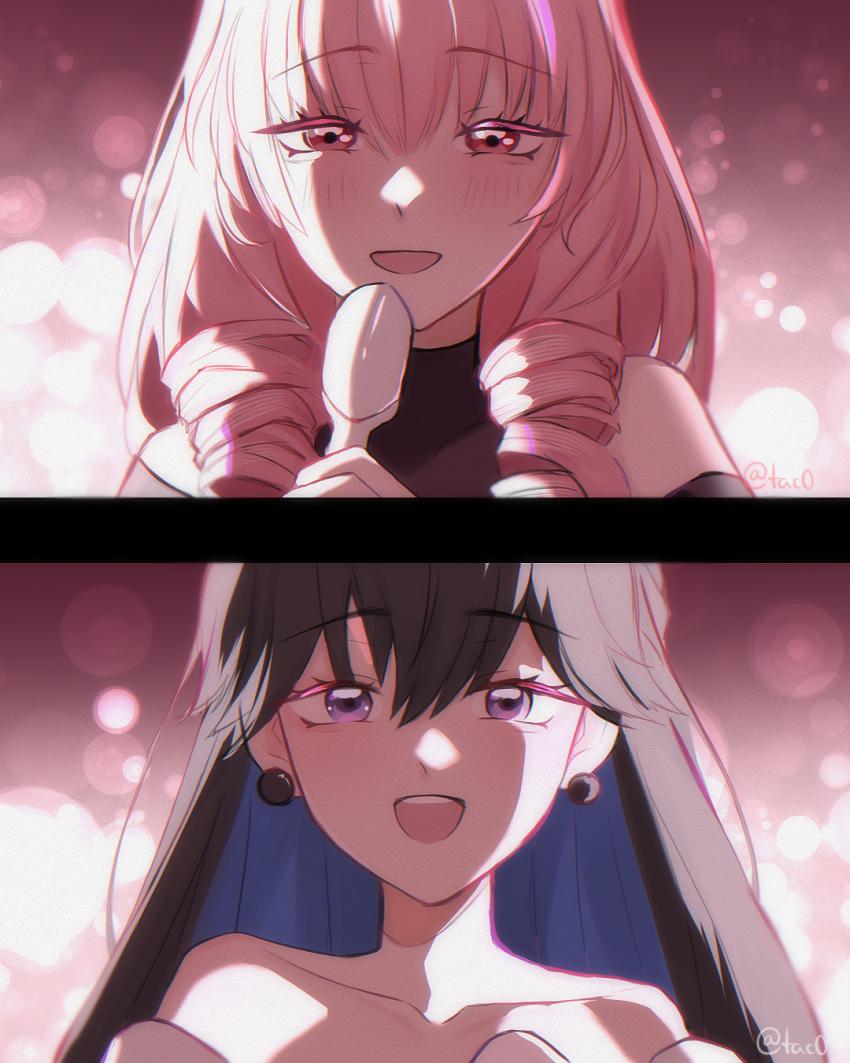 2girls, alien_stage, ayla_(pgr), black_hair, blue_hair, colored_eyelashes, colored_inner_hair, commentary