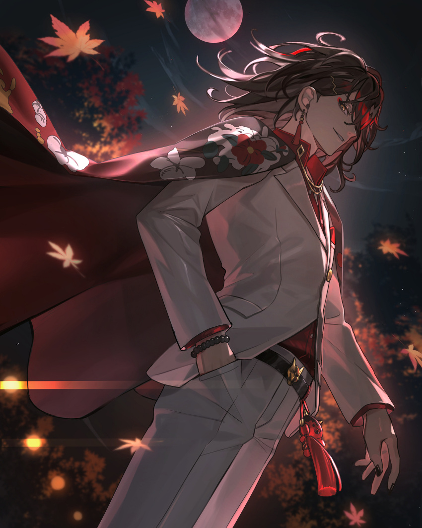 1boy, brown_hair, cape, cowboy_shot, grin, highres, male_focus, moon