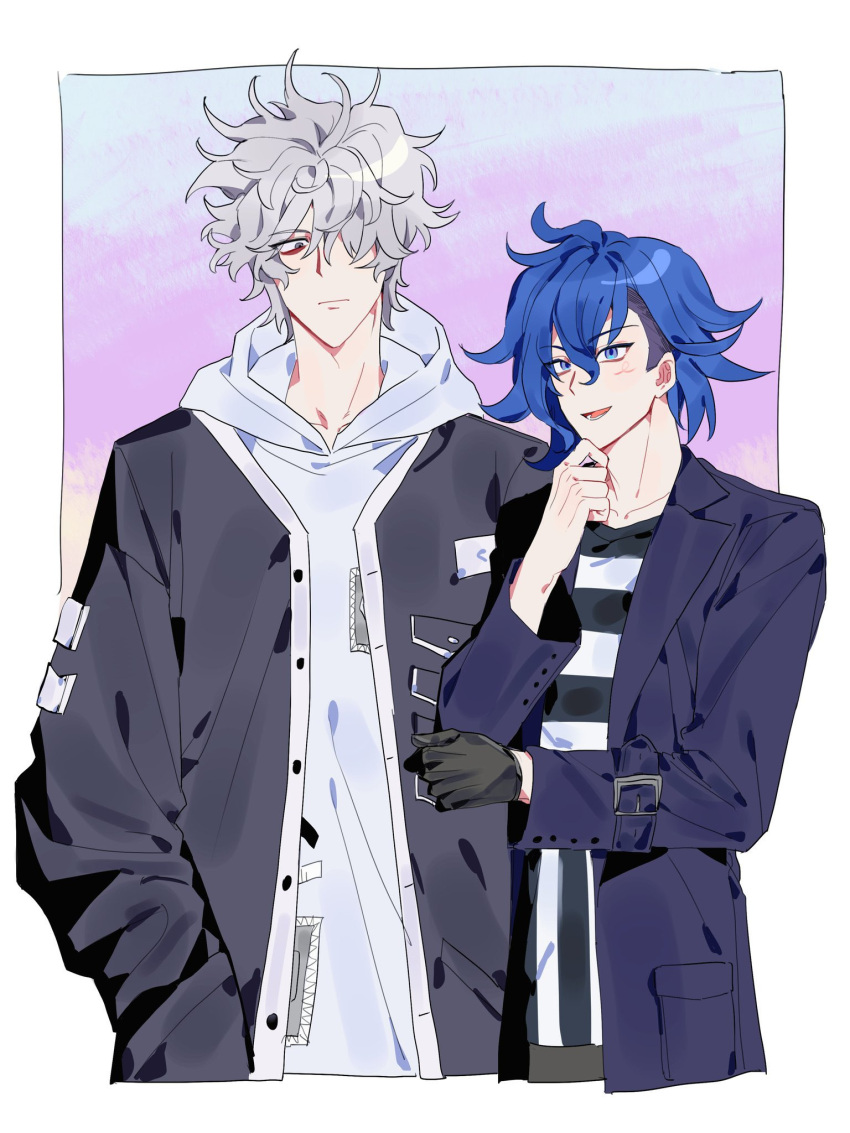 2boys, aoyama_kazuki, black_gloves, black_jacket, blue_eyes, blue_hair, cropped_legs, expressionless, finger_to_own_chin, gloves, grey_eyes, grey_hair, hand_in_pocket, hand_on_own_elbow, hands_up, highres, hood, hoodie, jacket, korean_commentary, looking_at_another, male_focus, multiple_boys, open_clothes, open_jacket, otori_ojirou, q_(tribe_nine), short_hair, single_glove, smile, tribe_nine, two-tone_shirt, white_hoodie, yo_chann