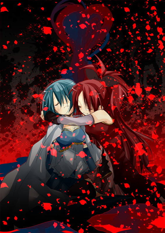 bad_id, bare_shoulders, blue_hair, cape, closed_eyes, eyes_closed, hug, long_hair