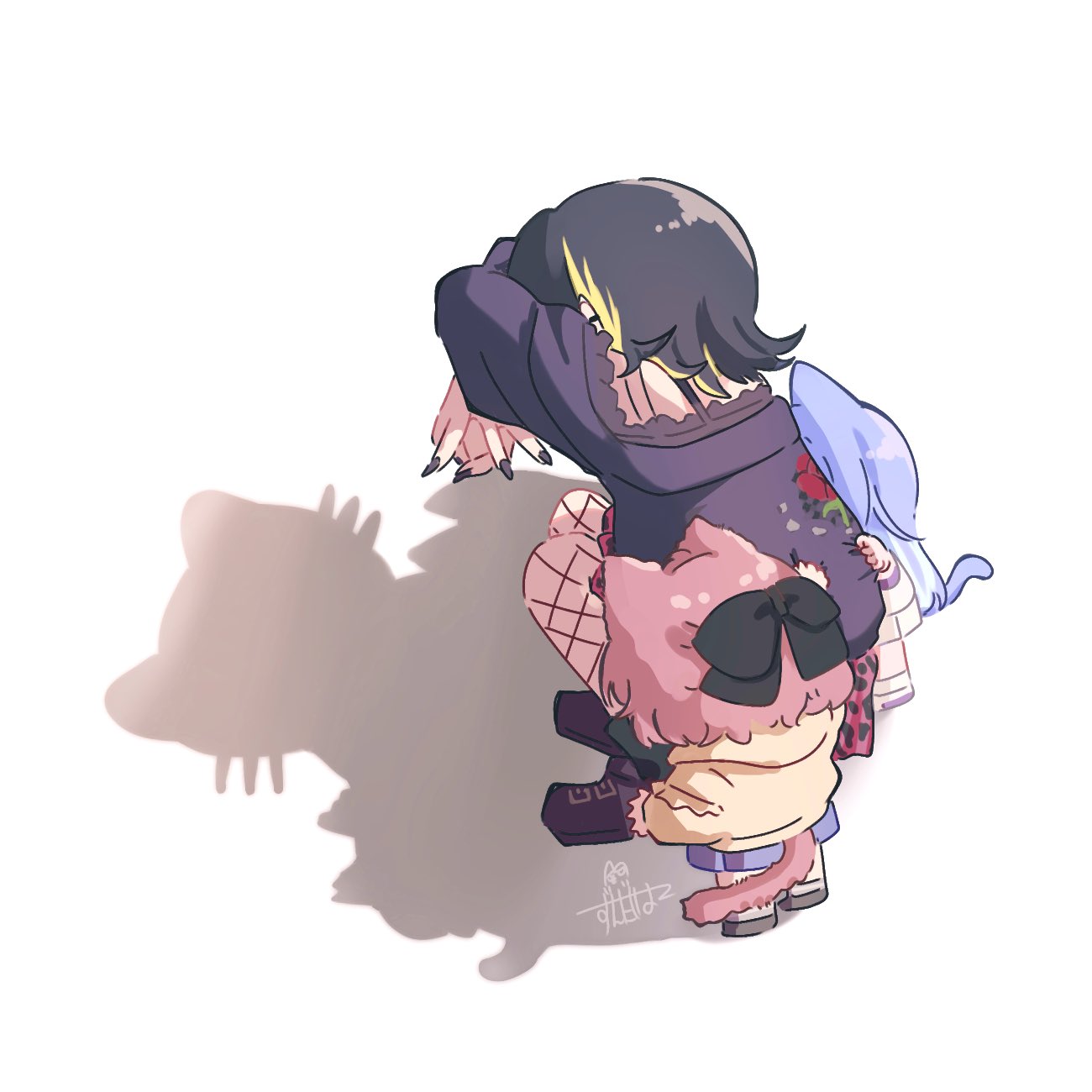 3girls, animal_ears, black_hair, black_jacket, black_nails, black_ribbon, blue_hair, brown_hair