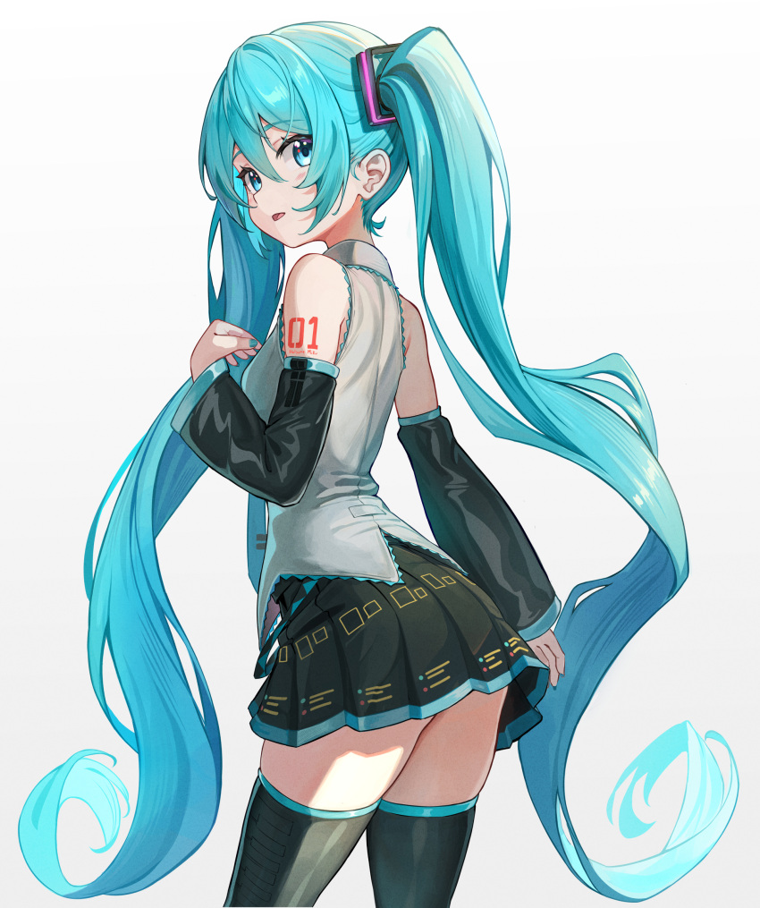 1girl, absurdres, aqua_eyes, back, bib_(bibboss39), black_skirt, black_sleeves, cowboy_shot