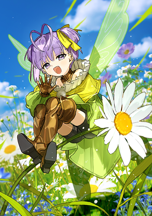 1girl, :d, antenna_hair, arm_at_side, bare_shoulders, black_shorts, blue_sky, boots