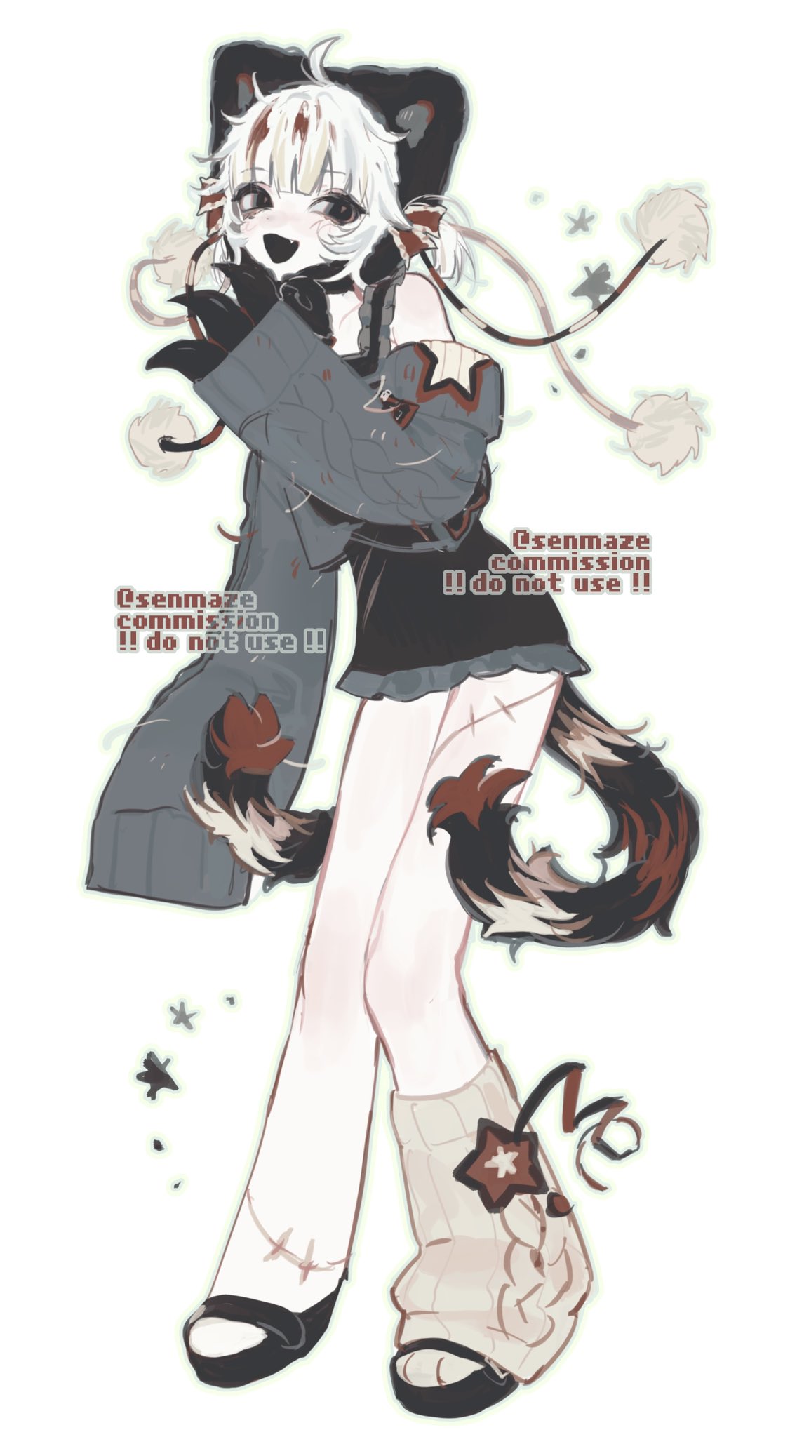 1girl, animal_hat, black_dress, cat_girl, cat_tail, claws, commission, cropped_sweater