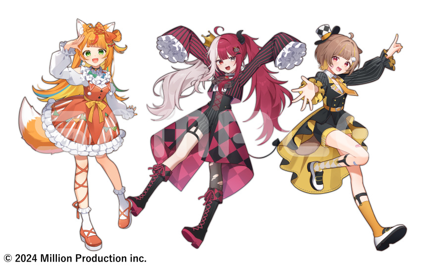 3girls, absurdres, ahoge, akubi_demonspade, animal_ears, black_boots, black_coat, boots