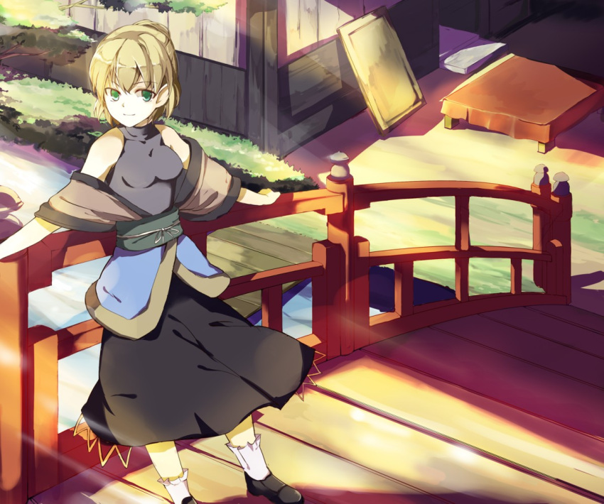 blonde_hair, bridge, green_eyes, hasebe_yu, hasebe_yuusaku, leaning, mizuhashi_parsee, river