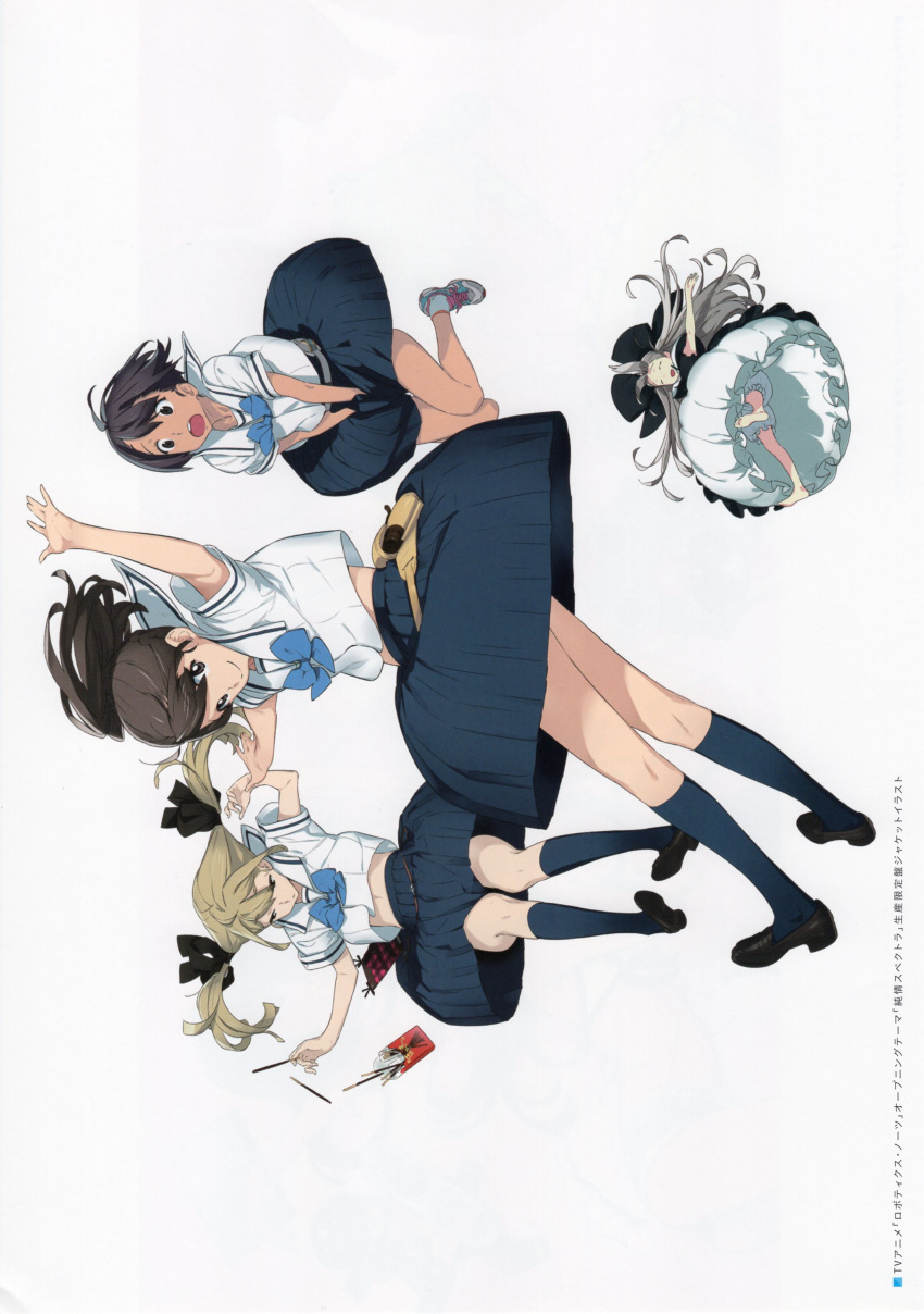 4girls, ahoge, airi_(robotics;notes), arms_up, barefoot, black_bow, blonde_hair, blue_bow