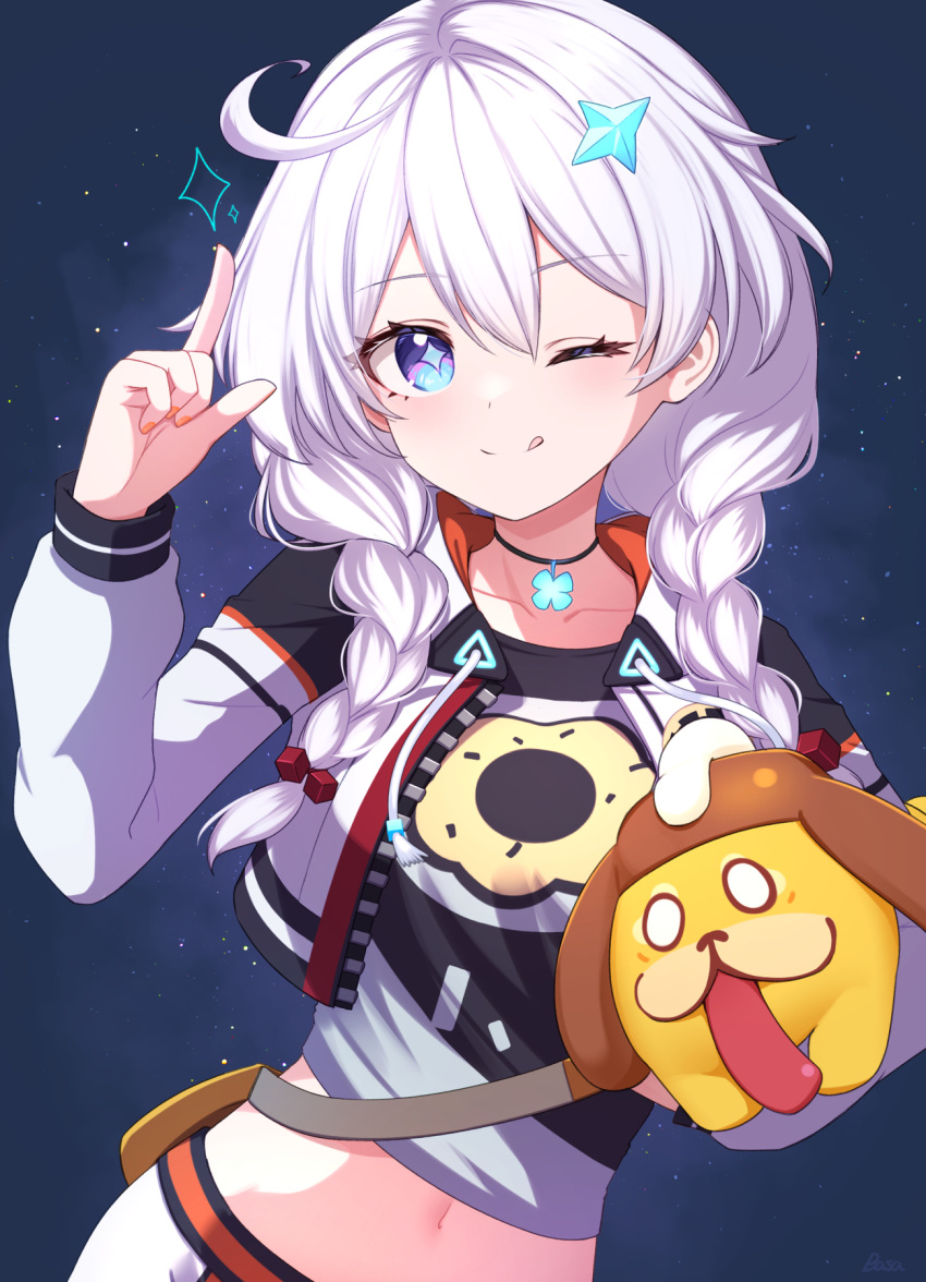 1girl, ahoge, animal, basa_rutan, blinking, blue_background, blue_eyes, braid