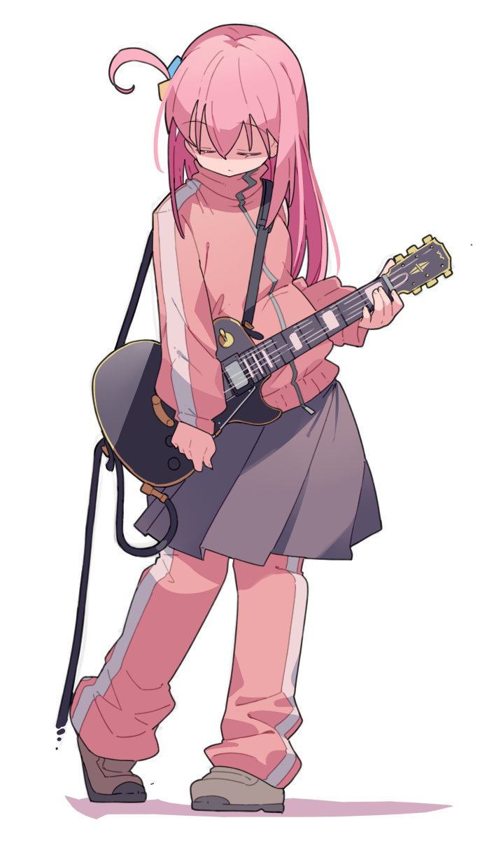 1girl, bocchi_the_rock!, closed_eyes, closed_mouth, cube_hair_ornament, electric_guitar, full_body, gotoh_hitori
