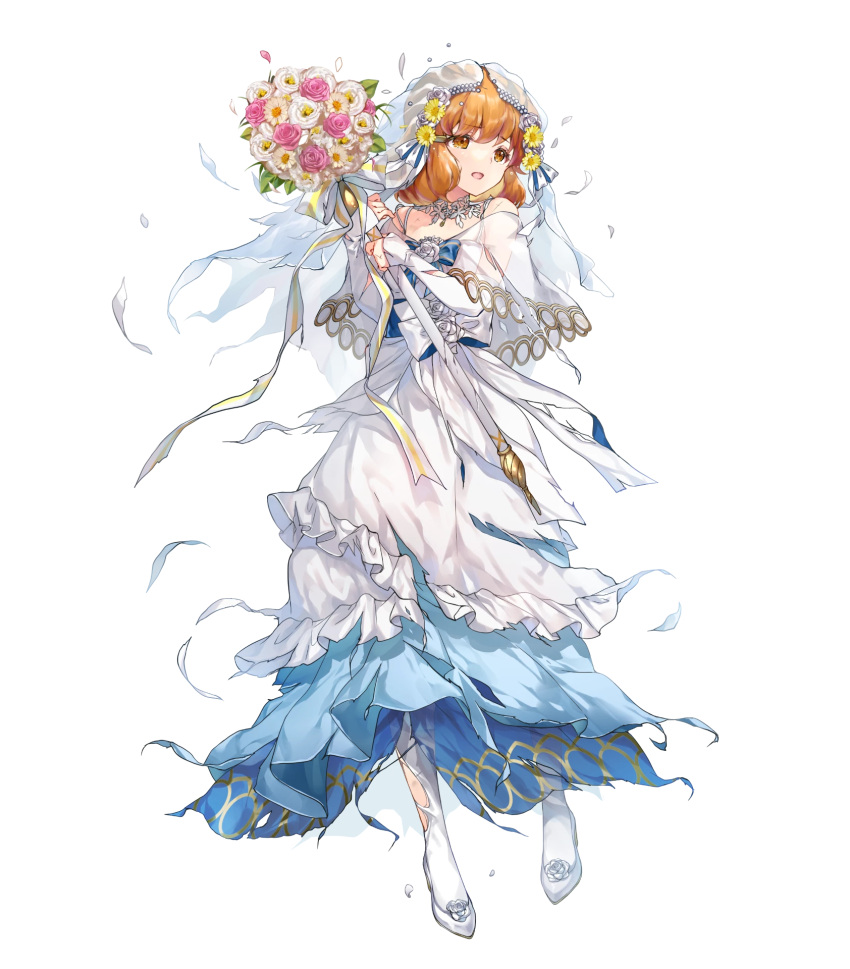 1girl, blonde_hair, bouquet, bridal_veil, damaged, dress, fire_emblem, fire_emblem:_genealogy_of_the_holy_war, fire_emblem_heroes, flower, furrowed_brow, hair_flower, hair_ornament, high_heels, highres, holding, holding_bouquet, holding_staff, lana_(bride)_(fire_emblem), lana_(fire_emblem), non-web_source, official_alternate_costume, official_art, open_mouth, orange_eyes, short_hair, solo, staff, torn_clothes, torn_dress, veil, wedding_dress