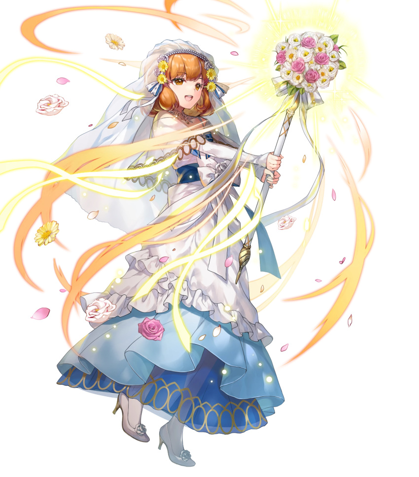 1girl, blonde_hair, bouquet, bridal_veil, dress, fire_emblem, fire_emblem:_genealogy_of_the_holy_war, fire_emblem_heroes, flower, hair_flower, hair_ornament, high_heels, highres, holding, holding_bouquet, holding_staff, lana_(bride)_(fire_emblem), lana_(fire_emblem), non-web_source, official_alternate_costume, official_art, open_mouth, orange_eyes, short_hair, smile, solo, staff, veil, wedding_dress