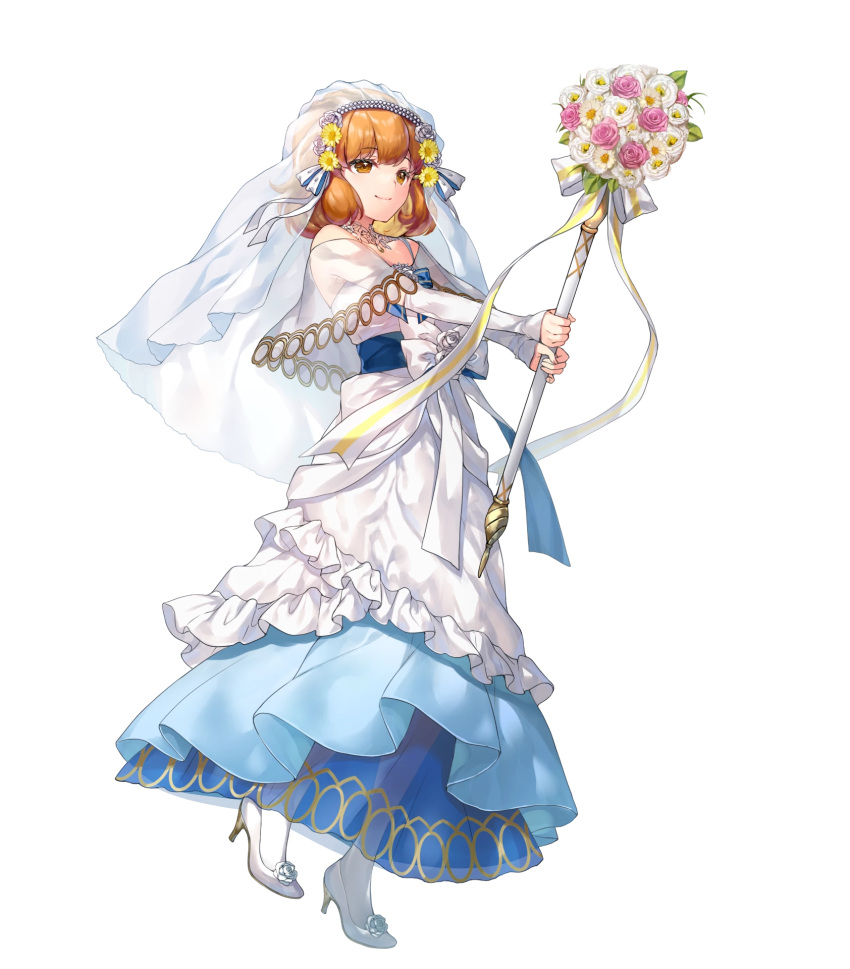 1girl, blonde_hair, bouquet, bridal_veil, dress, fire_emblem, fire_emblem:_genealogy_of_the_holy_war, fire_emblem_heroes