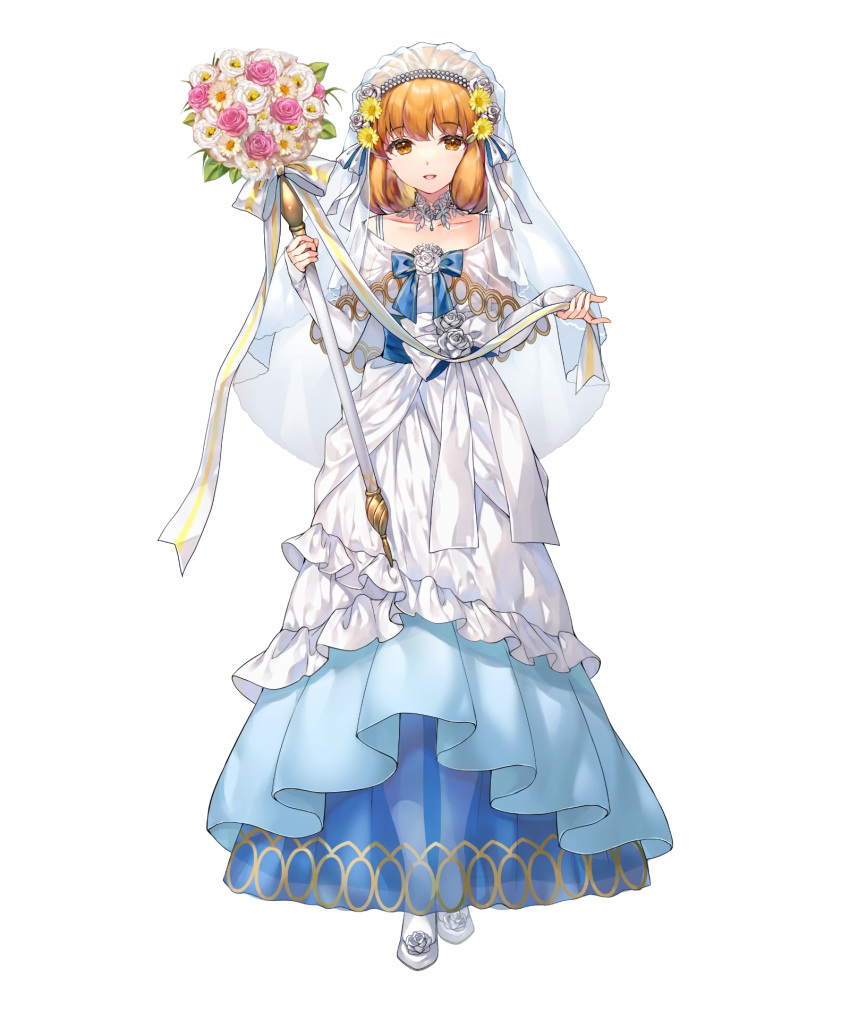 1girl, bouquet, bridal_veil, dress, fire_emblem, fire_emblem:_genealogy_of_the_holy_war, fire_emblem_heroes, flower