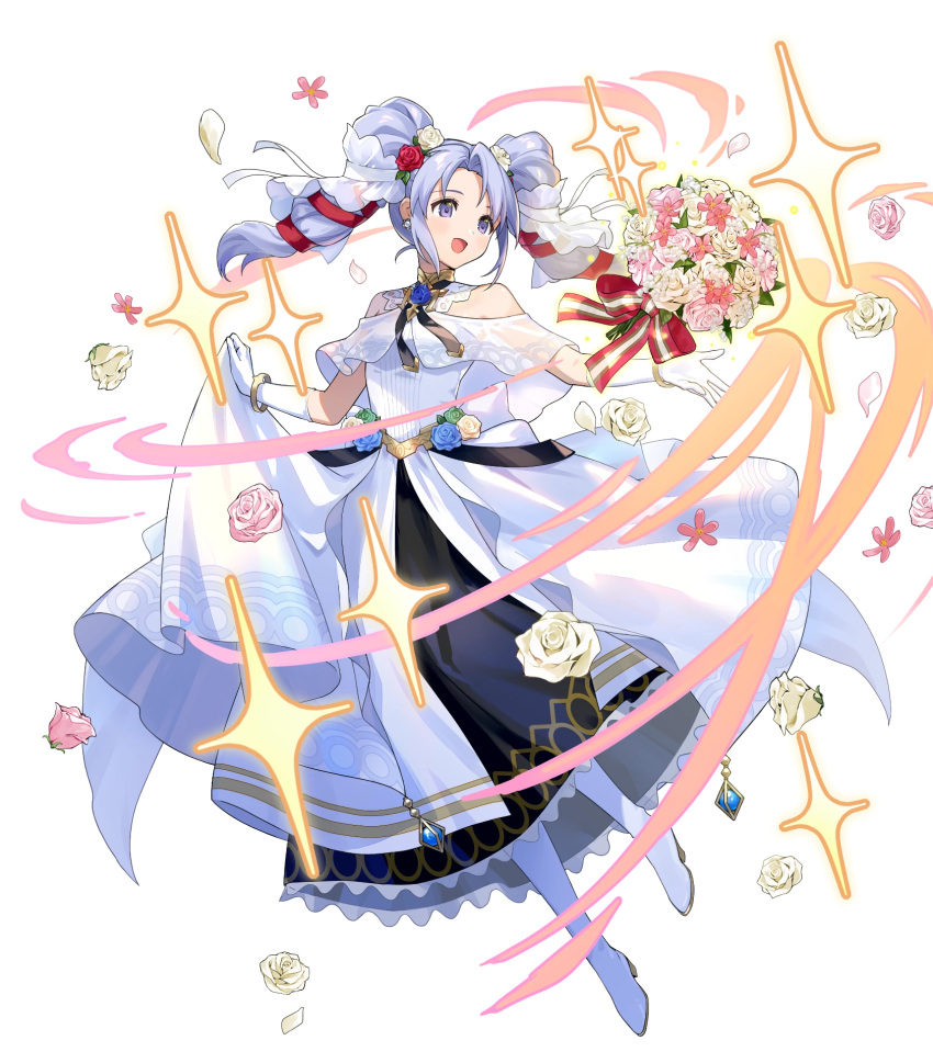1girl, attack, bare_shoulders, blue_eyes, blue_hair, bouquet, brooch, clothes_lift, dress, dress_lift, fire_emblem, fire_emblem:_genealogy_of_the_holy_war, fire_emblem_heroes, flower, flower_brooch, hair_flower, hair_ornament, hair_ribbon, high_heels, highres, holding, holding_bouquet, jewelry, non-web_source, official_alternate_costume, official_art, petals, ribbon, smile, solo, sparkle, tine_(bride)_(fire_emblem), tine_(fire_emblem), twintails, wedding_dress, white_dress