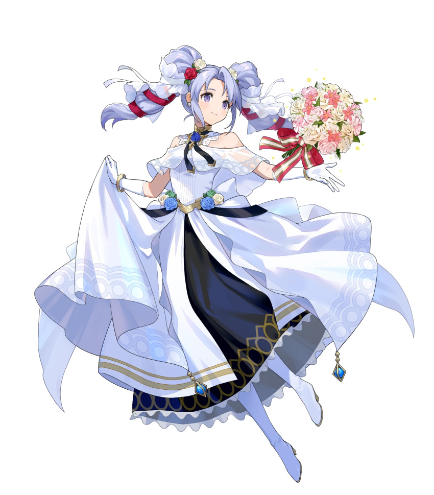 1girl, attack, bare_shoulders, blue_eyes, blue_hair, bouquet, brooch, clothes_lift, dress, dress_lift, fire_emblem, fire_emblem:_genealogy_of_the_holy_war, fire_emblem_heroes, flower, flower_brooch, hair_flower, hair_ornament, hair_ribbon, high_heels, highres, holding, holding_bouquet, jewelry, non-web_source, official_alternate_costume, official_art, ribbon, smile, solo, tine_(bride)_(fire_emblem), tine_(fire_emblem), twintails, wedding_dress, white_dress