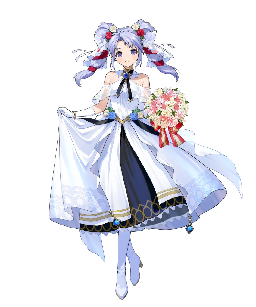 1girl, bare_shoulders, blue_eyes, blue_hair, bouquet, brooch, clothes_lift, dress