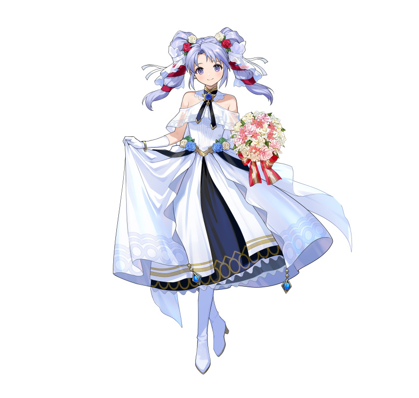 1girl, absurdres, bare_shoulders, blue_eyes, blue_hair, bouquet, brooch, dress, fire_emblem, fire_emblem:_genealogy_of_the_holy_war, fire_emblem_heroes, flower, flower_brooch, hair_flower, hair_ornament, hair_ribbon, high_heels, highres, holding, holding_bouquet, jewelry, official_alternate_costume, official_art, ribbon, solo, tine_(bride)_(fire_emblem), tine_(fire_emblem), twintails, wedding_dress, white_dress
