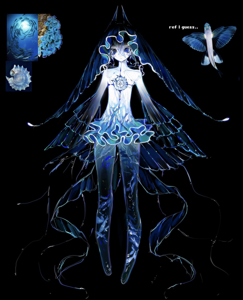 1girl, black_background, blue_eyes, blue_hair, colored_skin, dress, english_commentary, extra_pupils, fins, fish, flying_fish, frilled_sleeves, frills, full_body, highres, looking_at_viewer, monster_girl, original, personification, reference_inset, seashell, see-through_body, senmaze, shell, simple_background, solo, tentacle_hair, white_skin