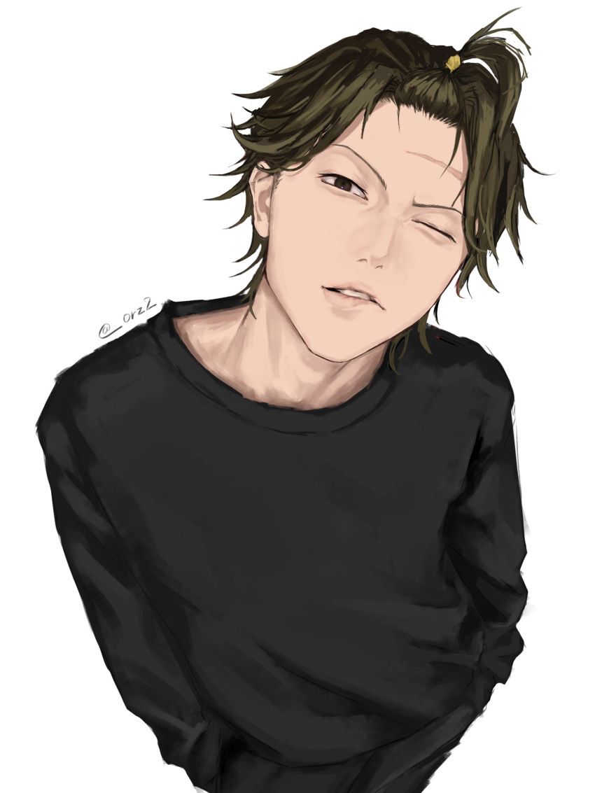 1boy, absurdres, artist_name, biting_own_lip, black_pants, black_shirt, brown_eyes, green_hair