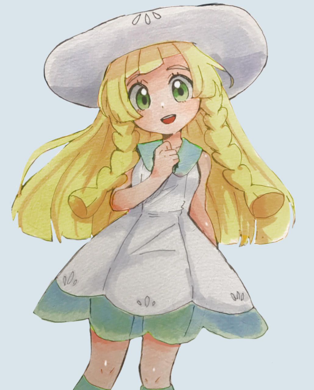 1girl, :d, blonde_hair, braid, collared_dress, dress, eyelashes, green_eyes, hand_up, happy, hat, highres, kemoobake, lillie_(pokemon), long_hair, looking_at_viewer, marker_(medium), open_mouth, pokemon, pokemon_sm, simple_background, sleeveless, sleeveless_dress, smile, socks, solo, sun_hat, teeth, traditional_media, twin_braids, upper_teeth_only