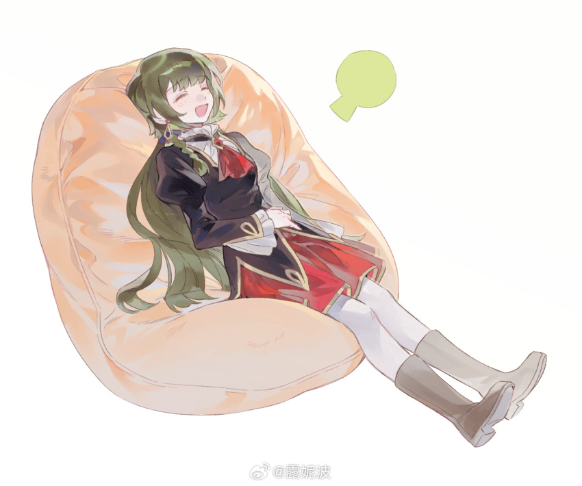 1girl, :d, ^_^, artist_name, ascot, bean_bag_chair, black_jacket, boots