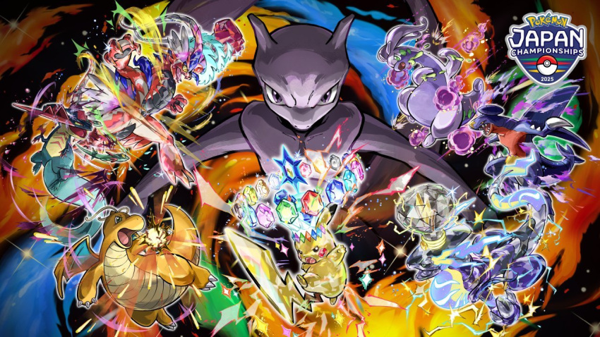 artist_request, black_sclera, blue_eyes, claws, colored_sclera, commentary, copyright_logo, copyright_name, dragapult, dragon, dragonite, dreepy, electricity, english_commentary, garchomp, goodra, green_eyes, koraidon, mewtwo, miraidon, non-humanoid_robot, official_art, open_mouth, orange_eyes, pikachu, poke_ball, poke_ball_(basic), pokemon, pokemon_(creature), pokemon_focus, robot, robot_dragon, sparkle, terastallization, third-party_source, video_game_championships_2025, violet_eyes, yellow_eyes, yellow_sclera