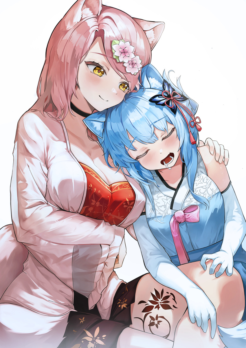 2girls, absurdres, animal_ears, blue_hair, faded_brush, folded_ponytail, fox_ears, fox_girl