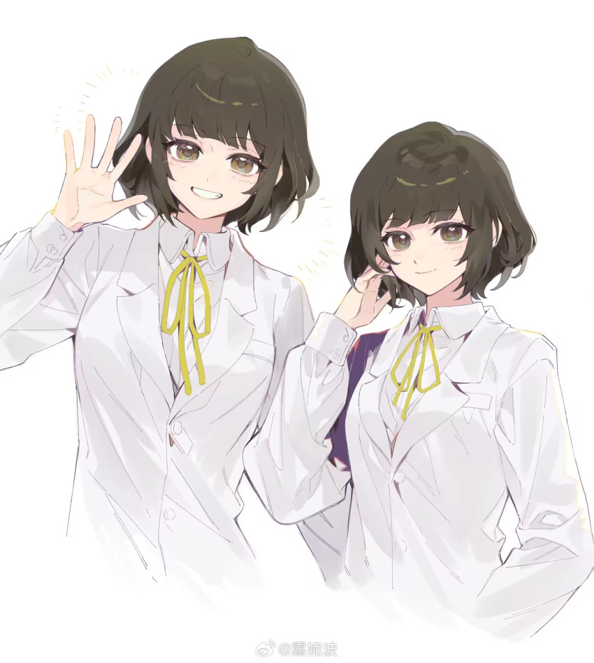 1girl, artist_name, blazer, bob_cut, breast_pocket, brown_eyes, brown_hair, chinese_commentary