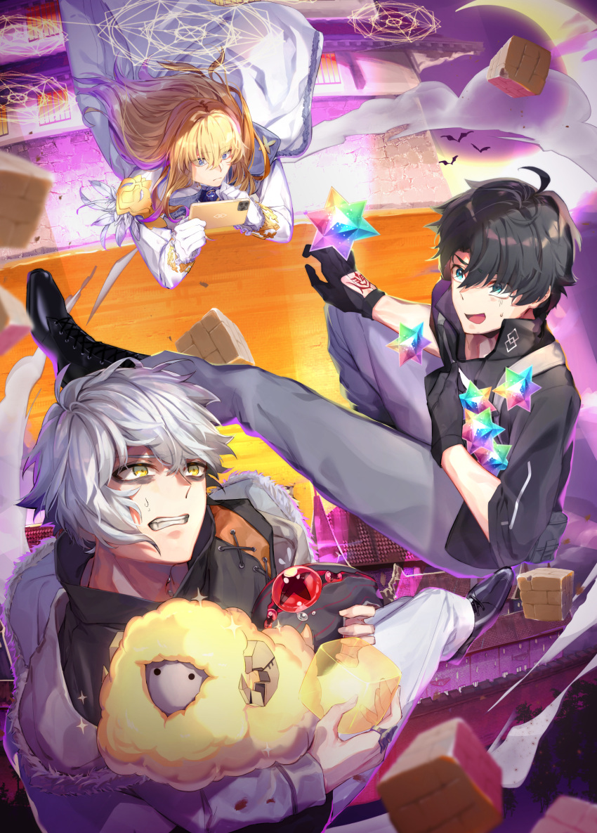 3boys, animal, architecture, ascot, bags_under_eyes, bat_(animal), black_boots, black_gloves, black_hair, black_jacket, black_shirt, black_shoes, block_(minecraft), blonde_hair, blue_ascot, blue_brooch, blue_eyes, blurry, boots, brooch, cape, castle, cellphone, chaldea_logo, clenched_teeth, closed_mouth, command_spell, commentary_request, creature, crescent_moon, csejte_pyramid_himeji_castle, demon_pillar_(fate), depth_of_field, dumuzid_(fate), east_asian_architecture, falling, fate/grand_order, fate_(series), feathers, frilled_sleeves, frills, fujimaru_ritsuka_(male), fujimaru_ritsuka_(male)_(polar_chaldea_uniform), fur-trimmed_jacket, fur_trim, fuyuhi_tsukika, glove_cutout, gloves, gold_trim, grey_hair, grey_jacket, grey_pants, hair_between_eyes, highres, himeji_castle, holding, holding_animal, holding_creature, holding_phone, jacket, jewelry, kadoc_zemlupus, kirschtaria_wodime, long_hair, long_sleeves, looking_at_phone, looking_up, magic_circle, male_focus, midair, moon, multiple_boys, neck_piercing, night, open_mouth, outdoors, pants, phone, popped_collar, pyramid_(structure), ramesseum_tentyris, rare_prism, ring, saint_quartz_(fate), sheep, shirt, shoes, short_hair, side_cape, smartphone, sparkle, sweat, teeth, three-quarter_sleeves, white_cape, white_feathers, white_gloves, white_jacket, white_pants, yellow_eyes