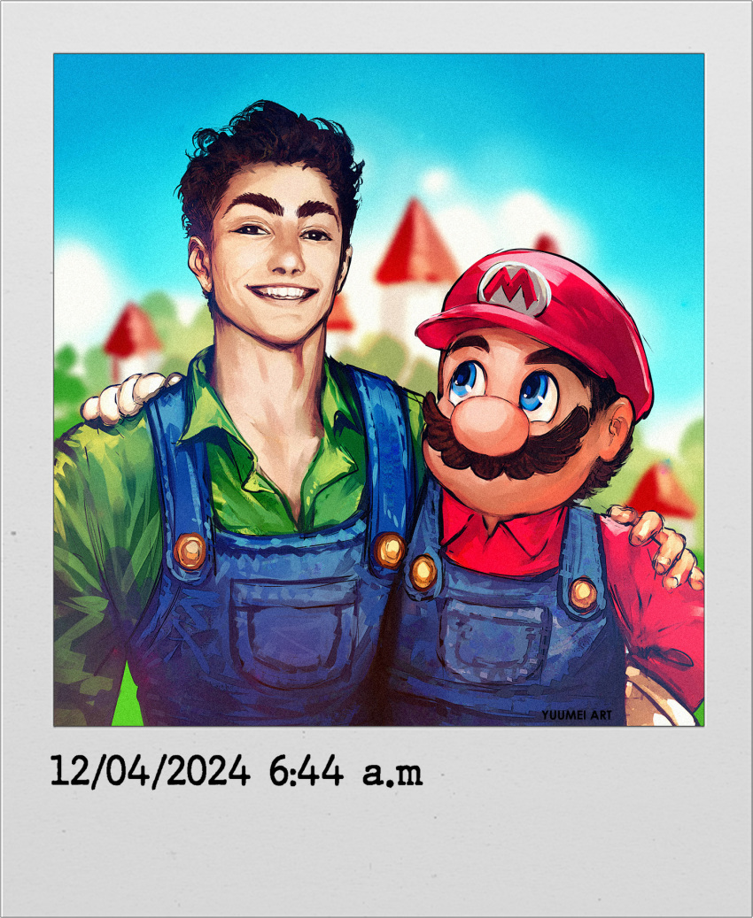 2boys, black_eyes, blue_eyes, blue_overalls, blurry, blurry_background, brown_hair, castle, commentary, cosplay, dated, day, english_commentary, facial_hair, gloves, green_shirt, grin, hand_on_another's_shoulder, hat, highres, luigi, luigi_(cosplay), luigi_mangione, male_focus, mario, multiple_boys, mustache, name_connection, outdoors, overalls, photo_(object), real_life, red_hat, red_shirt, shirt, smile, super_mario_bros., teeth, white_gloves, yuumei