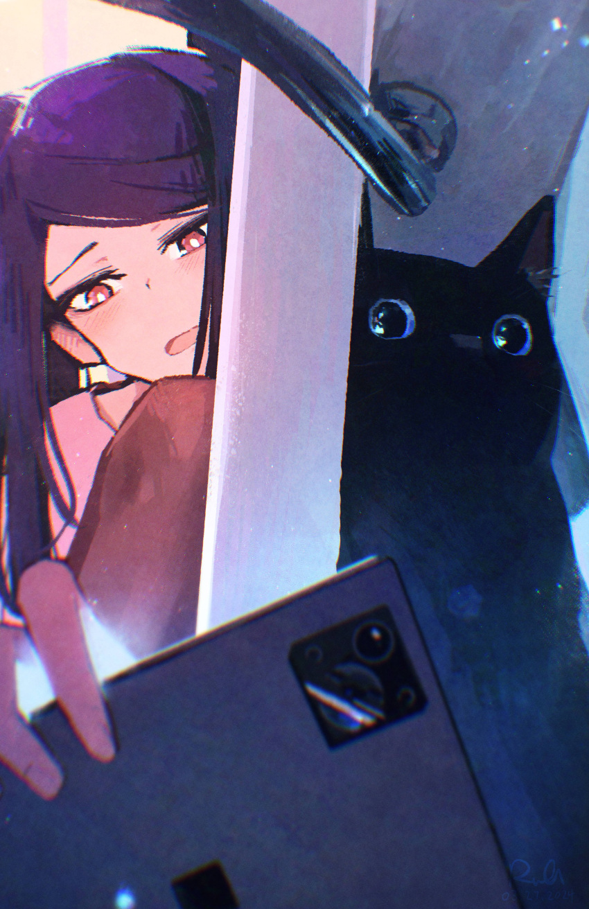 absurdres, black_cat, bright_pupils, cat, commentary, english_commentary, fore_(va-11_hall-a), hiding