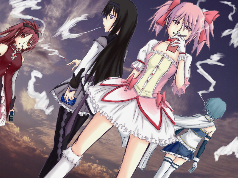 akemi_homura, cigarette, forestss, kaname_madoka, mahou_shoujo_madoka_magica, miki_sayaka, multiple_girls, sakura_kyouko