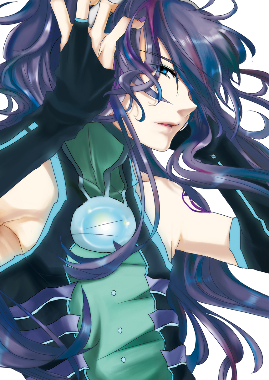 bare_shoulders, blue_eyes, bust, detached_sleeves, fingerless_gloves, gloves, hair_over_one_eye, hands_on_head
