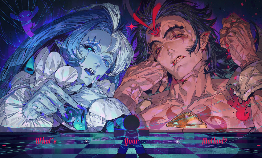 3boys, black_hair, blue_eyes, blue_hat, blue_skin, burning_spice_cookie, colored_skin, cookie_run