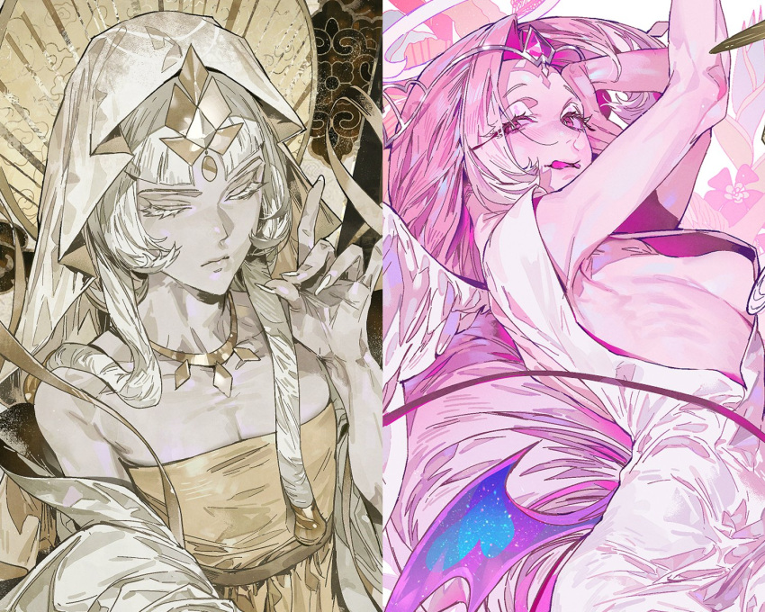 2girls, angel, angel_wings, colored_skin, cookie_run, cookie_run:_kingdom, demon_wings, dress