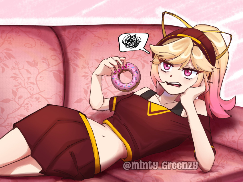 1girl, blonde_hair, commentary, couch, doughnut, english_commentary, food, hair_ribbon
