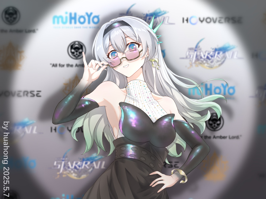 1girl, armpits, artist_name, black_dress, black_hairband, breasts, commentary_request, company_name