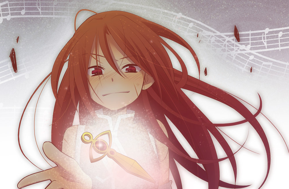 alternate_hairstyle, bad_id, bare_shoulders, blush, cuts, face, glowing, glowing_eyes