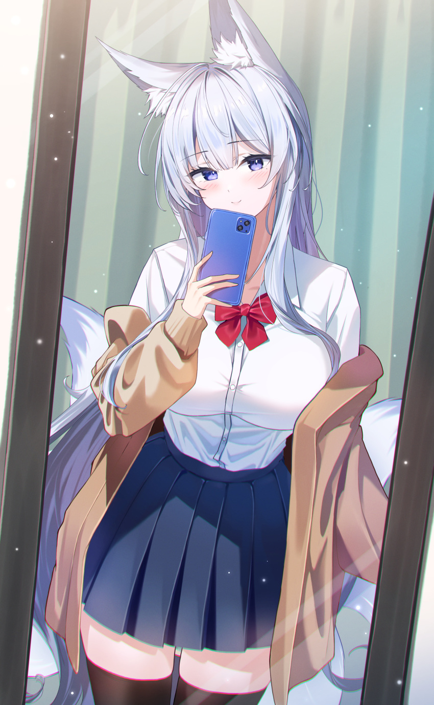 1girl, absurdres, animal_ear_fluff, animal_ears, azur_lane, black_skirt, blue_eyes, blush, bow, bowtie, breasts, cellphone, fox_ears, fox_girl, fox_tail, highres, jacket, large_breasts, light_smile, long_hair, multiple_tails, open_clothes, open_jacket, phone, pleated_skirt, red_bow, red_bowtie, rubisco, school_uniform, selfie, shinano_(azur_lane), shirt, skirt, solo, tail, thigh-highs, very_long_hair, white_shirt, white_tail