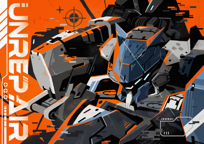 armored_core, armored_core_vi:_fires_of_rubicon, blue_eyes, glowing, glowing_eyes, humanoid_robot, kuroihato, mecha, mecha_focus, no_humans, orange_background, robot, science_fiction, shoulder_cannon, steel_haze_ortus, upper_body, weapon